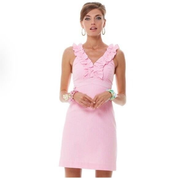 Lilly Pulitzer Phoebe Pink Stripe Ruffle Dress Size 10 REPOSH - Picture 1 of 12